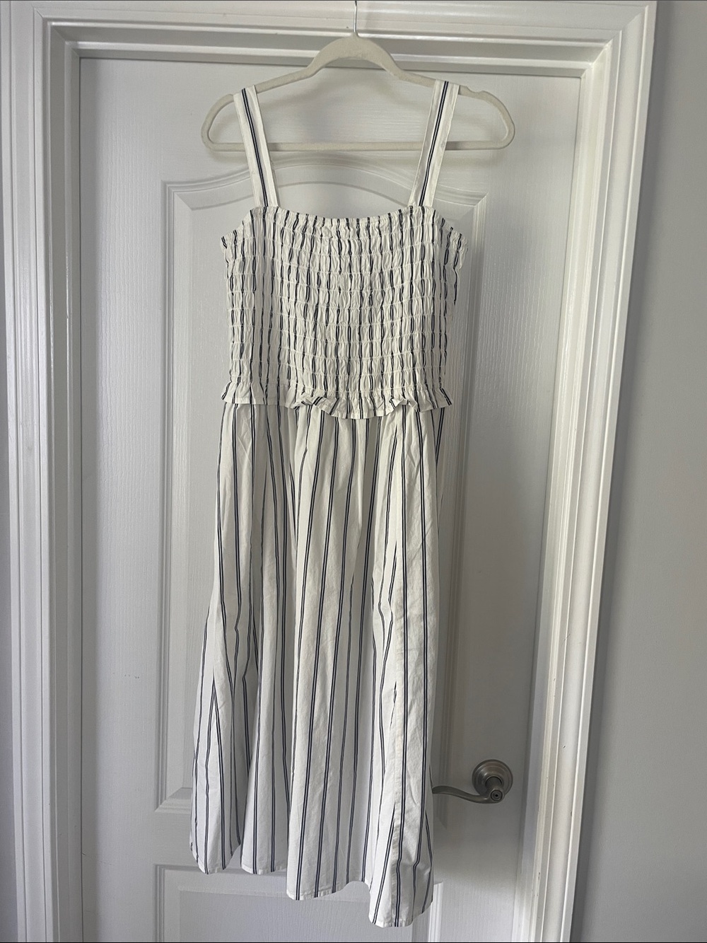 White Smocked Sundress with Vertical Black Stripes